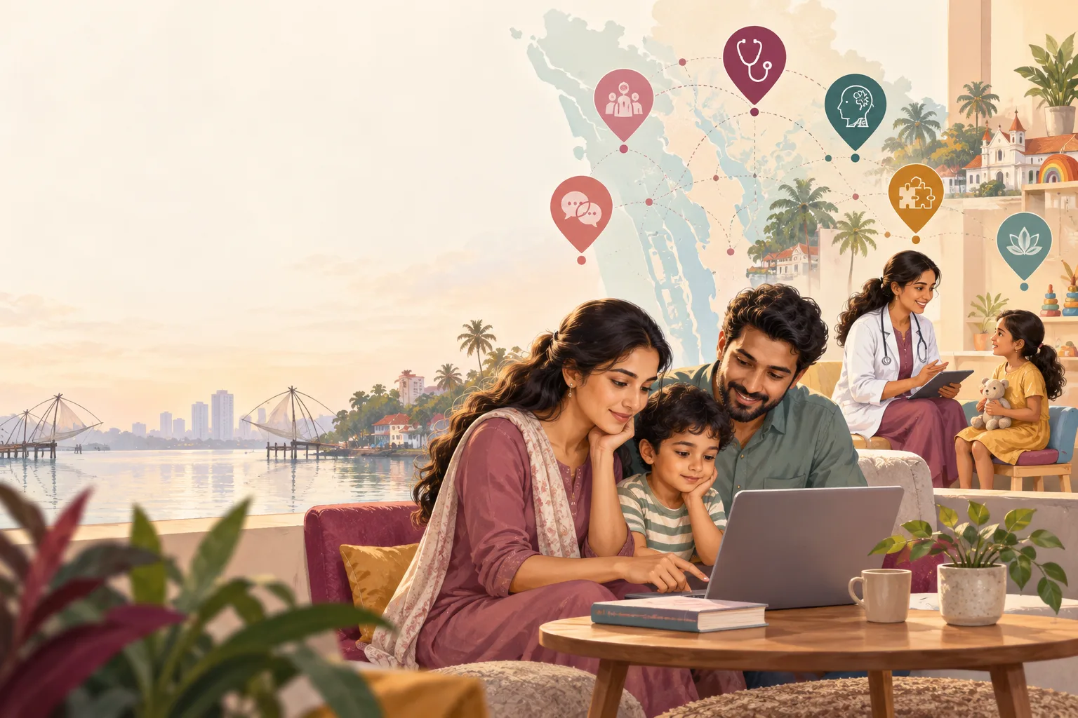 Illustration of a family comparing child care and development services in Kochi